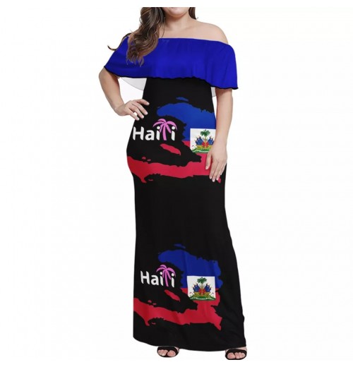 Dropshipping Haitian Clothing Haiti Flag Fat Woman Feminine Clothes One Shoulder Design Women Dresses