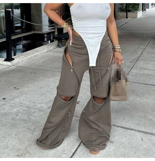 New Streetwear Sports Pants Jogger Hip Hop Drawstring Zipper Up Hole Women's Trousers Harem Loose Casual Flare Pants Sweat Pants