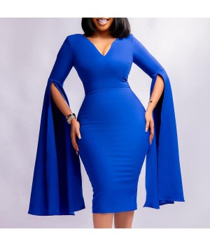 women's clothing spring and autumn 2023 women lasted fashion pure color v neck slit long sleeve ladies bodycon midi dresses