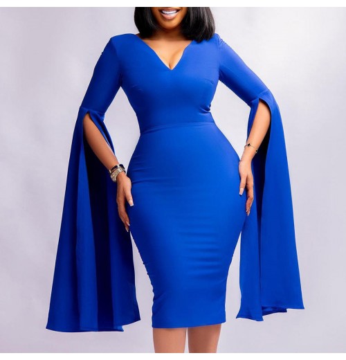 women's clothing spring and autumn 2023 women lasted fashion pure color v neck slit long sleeve ladies bodycon midi dresses