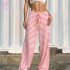 Loveda Hot Selling Women Casual Striped Solid Elastic Drawstring Cotton Straight Leg Pants