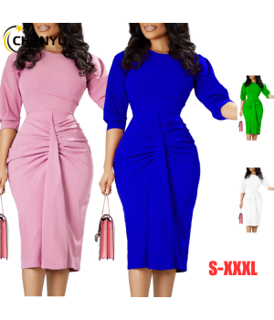 Women's Fashion Slim Casual Crew Neck Long Sleeve Work Office Business Bodycon Ruched Pencil Package Hip Midi Dress