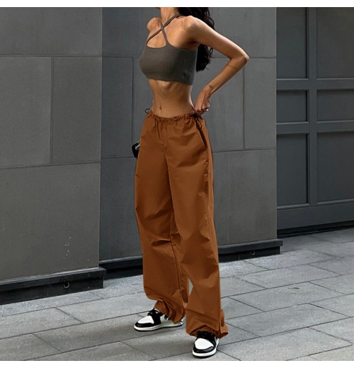 New Design Spring Fashion Plain Casual Loose Drawstring Streetwear Cargo Pants for Women