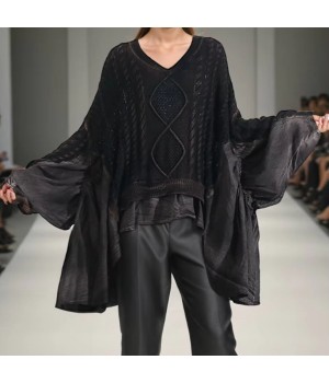 Fashion loose women's knitwear 2024 fall new trend solid color patchwork batsleeve casual women's sweater