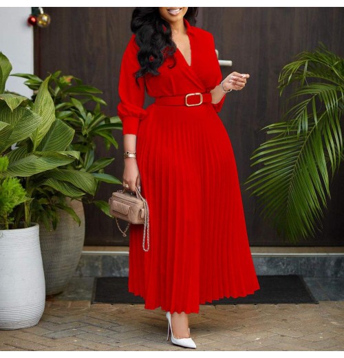 Wholesale Ladies Long Dress With Belt women's clothing Party Pleated Dress Long Sleeve women's dresses